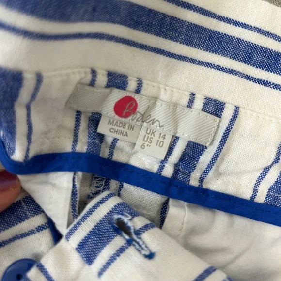 Boden Linen Blend Striped Tie Waist Paperbag Shorts Blue White Size 10 Medium - Picture 3 of 5